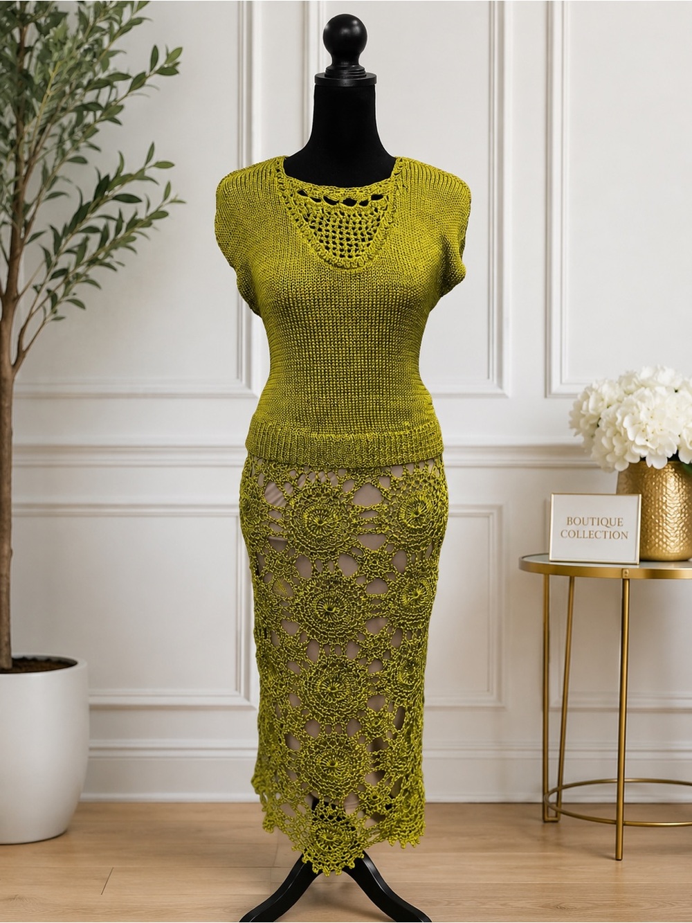 Olive Crochet Knit Midi Skirt - Women Skirts